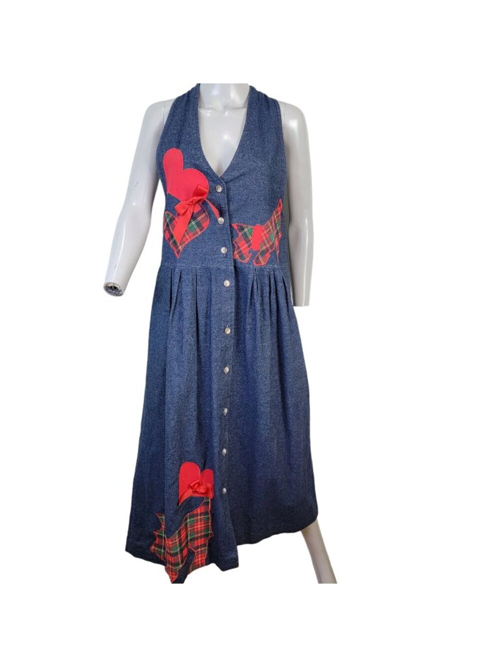 Vintage 90s Denim Maxi Dress Women Medium Scottie Dog Embroidered Teacher 8 10 M